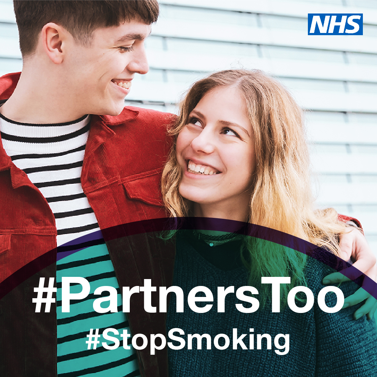 Young man and woman: #PartnersToo #StopSmoking